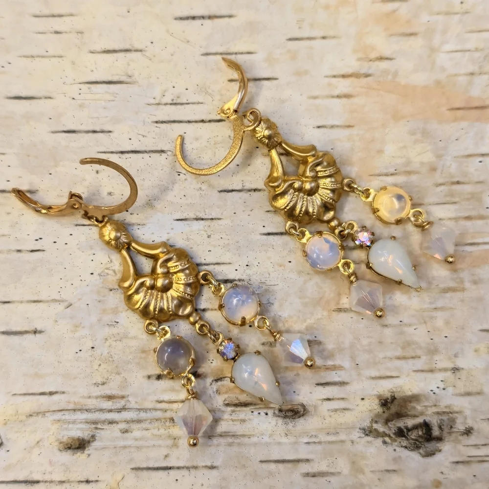Victorian Opalite & Milky White Crystal Gold Plated Chandelier Art Deco Earrings - Picture 5 of 9